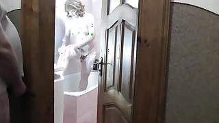 Step descendant accepts shower&comma; step dad spy&comma; masturbates horseshit and cum under door bathroom&period; step Daddy